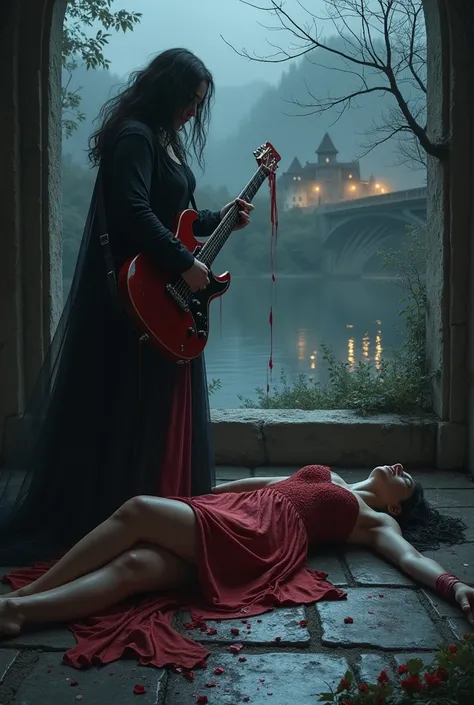 Princess lying on the floor dead with blood on her dress and a pool of blood on the side and up a vampire faith with a guitar in her hand that was the one with which she attacked the guitar must be electric and must be dripping blood behind there must be a...