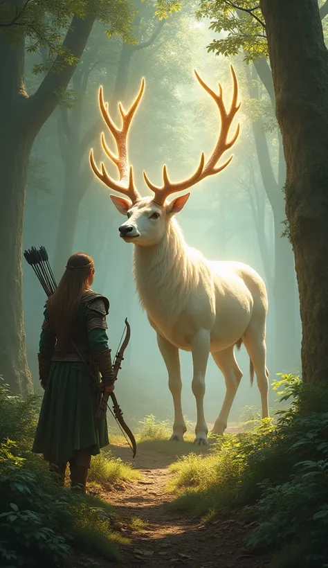 A mystical scene of an elven ranger clad in green and brown leather armor, holding a longbow with an arrow notched, facing a magnificent white stag with glowing antlers. The stag stands proudly in the middle of a dense, ancient forest where sunlight breaks...