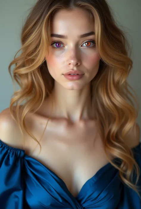 a photorealistic portrait of a white-skinned woman with long curly hair wearing an elegant blue dress, she has a snub nose and bright purple and orange eyes,