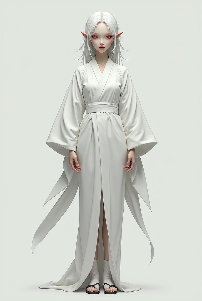 is a fairly tall woman who had pale skin and eyes that had pure black irises and a red "x"-shaped pupil. Her asymmetric long length snow white hair had the occasional black streaks swept to the right side of her head.

She wore Plain white Furisode Kimono ...