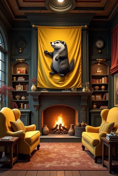 Hogwarts common room of the Hufflepuff house and try to put the house symbol on a flag, put more items and less people in the place like some armchairs and tables, put the badger symbol and collect Change the symbol to a badger 