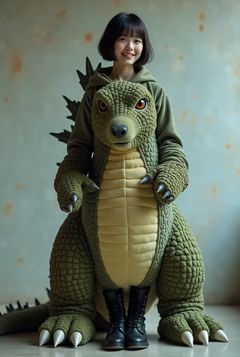 Im wearing a stuffed animal from the Japanese monster Godzilla,   bob-cut hair ,( best quality, masterpiece,  RAW photos , super detailed:1.2),  long boots:1.5, Black Stockings , 1 girl,Alone, viewer,  smile,