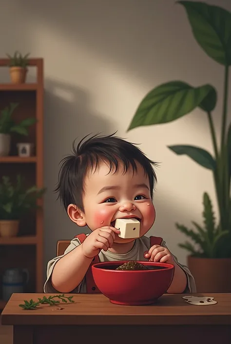 This baby eating a toffu