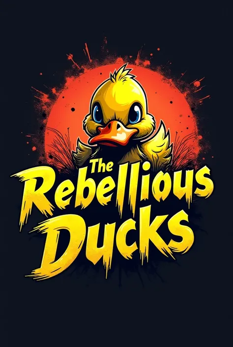 Create a logo that says the rebellious ducks with a very striking letter and a duckling 