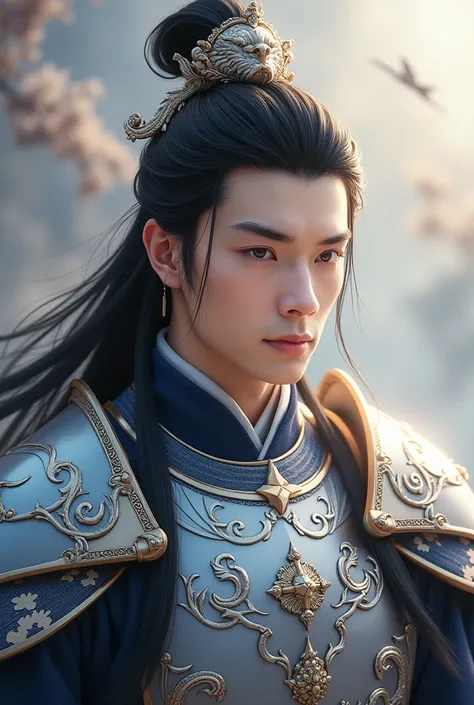 ((best quality)), ((masterpiece)), (detailed), perfect face Photo realistic image of a 30 years old man in a large silver dragon armour. Calm regal, majestic, personality, Attractive, long black hair. Looks like Jun Wu from Heaven Official’s Blessing. Wear...