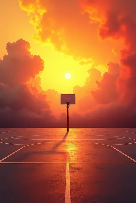 basketball court with yellow and red sky no people 