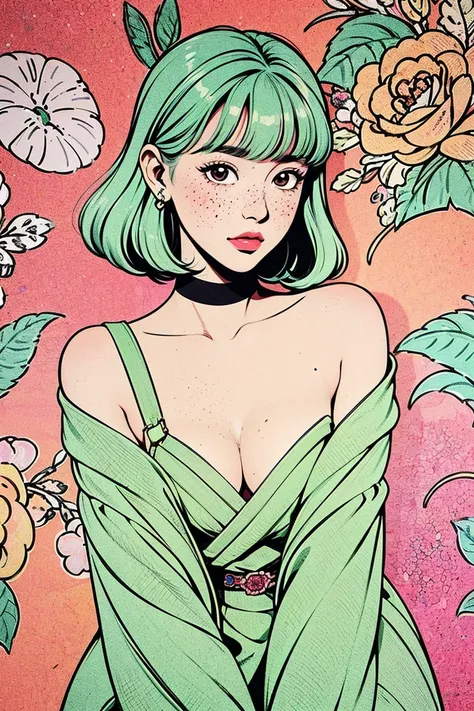 A mesmerizing surreal illustration of a young japanese woman. She has pastel green hair with blunt bangs, yellow eyes, and wears a vibrant pastel colored outfit adorned with intricate floral patterns. Freckles dot her smooth, warm complexion, and bold, col...