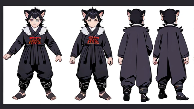    Beast Ears、   no background、   The model sheet for the cute Chinese werewolf beast human boy 、 depicts the same character from 3 angles  、 