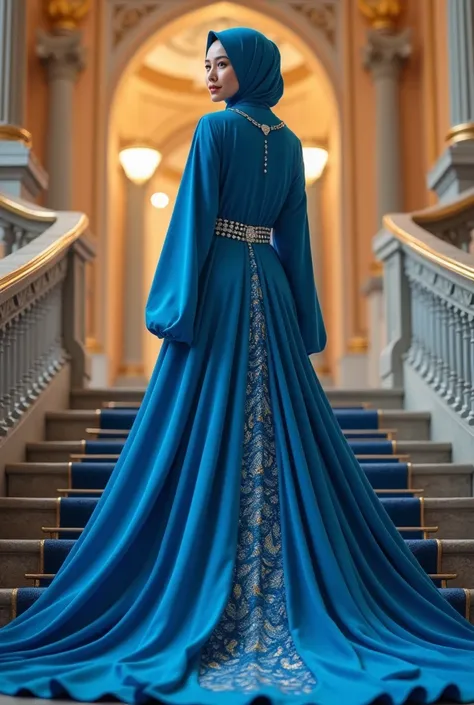 VIEW IMAGE:HDR 300DPI professional, colorful, with bokeh of a Curvy, beautiful young muslimah girl,20 years old, graceful white face,friendly smile,asian, in full body view. She is standing at the top of a grand staircase wearing a blue hijab, long flowing...