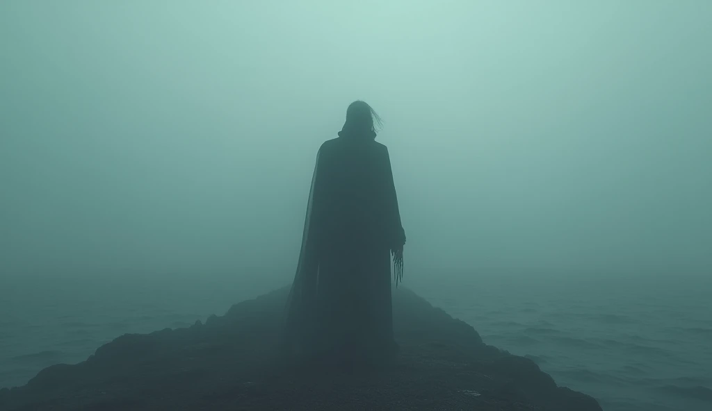 "A shadowy, ambiguous figure in the distance of a misty ocean scene, symbolizing mystery and the unknown, cinematic framing, UHD quality, with a surreal and haunting atmosphere."
