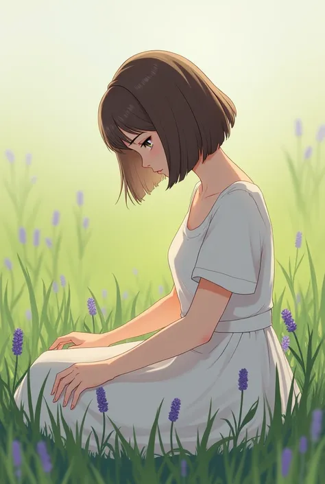 Short brown bob hair, smaller eyes, higher nose,medium fat body, sitting on the grass,  ,white dress,looking down at the grass, blur face,  really woman some lavender 