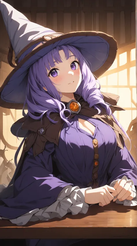 1 girl, (cute face), 18 years old, to many hairstyle, (curious), (blush), large breasts, slim, (wearing fantasy game style witchs costume, Thawb), (witchs Hat:1.2), (leaning forward:1.2), (sitting, breast rest on table), looking at viewer, for glossy skin,...