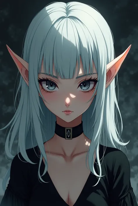 An adult elf girl with white hair and bangs in the style of a nineties anime drawing in a gothic theme with long eyelashes and a languid look and sharp features and smaller eyes 