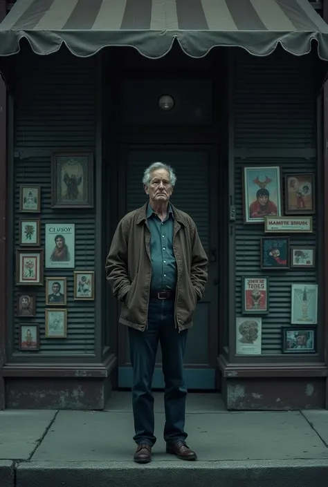 The owner of the card shop shuts down, the man standing alone in front of the store., Turn around