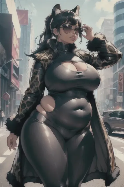 (Best quality), (high resolution), (detailed),1woman, curvy lady, thicc, black leggings, black shirt, long sleeve, perky breasts, ponytail, black hair, chubby, beautiful pose, heavy, bloated, leopard fur jacket, futuristic style, sunglasses, ((sassy)), ((t...