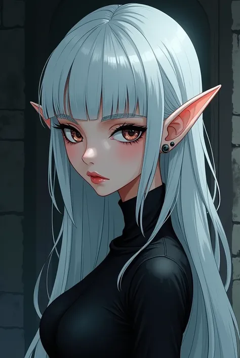 An adult elf girl with white hair and bangs in the style of a nineties anime drawing in a gothic theme with long eyelashes and a languid look and sharp features and smaller eyes 