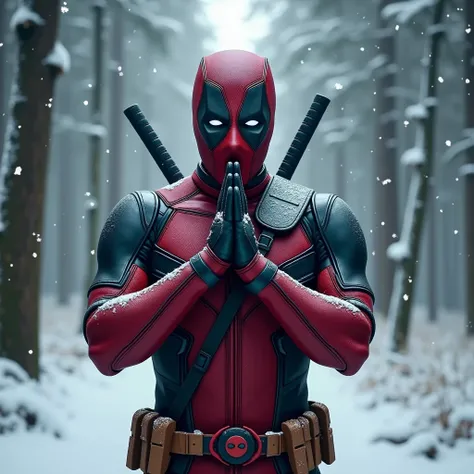 movie poster, Deadpool shushing with his hand in a snowing forest, focus on the face, Ultra HD quality, best quality, high quality, realistic quality, sharp, ultra-realistic and realistic, best quality, snowing forest scene.