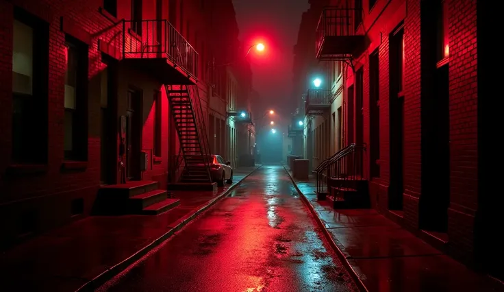 A dark, cinematic urban alley at night, illuminated by red neon lights and dim streetlights. The wet asphalt reflects the glow, creating a mysterious and atmospheric noir setting. The alley is lined with brick buildings, fire escapes, and shadowy corners. ...