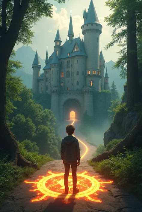 an 18-year-old boy in a magical world in front of a castle in the forest with a fire symbol on the castle road