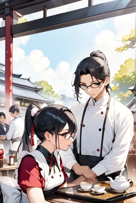  black hair、 ponytail、Glasses、Taisho Romance、Japanese teahouses、Waiter