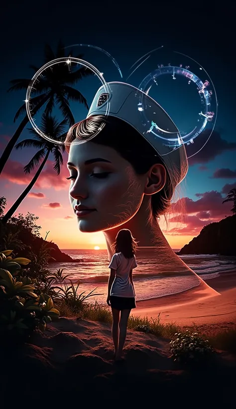 
high quality, 8K Ultra HD, A beautiful double exposure that combines an goddess silhouette with sunset coast, sunset coast should serve as the underlying backdrop, with its details incorporated into the goddess , crisp lines, The background is monochrome,...