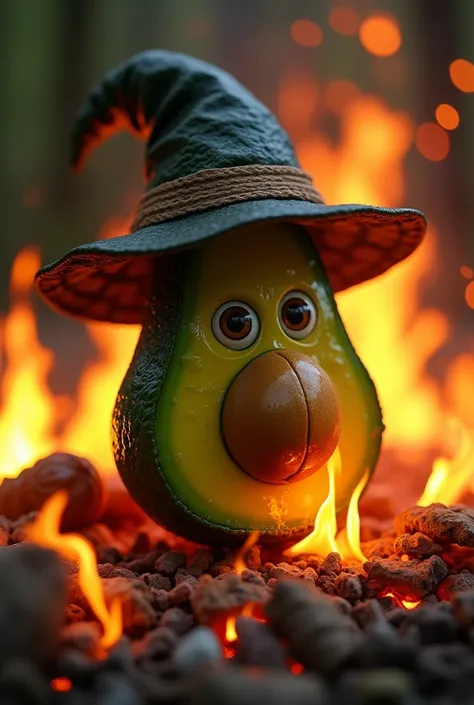 an avocado wearing a witchs hat ,  eyes and mouth being burned in a bonfire in .600