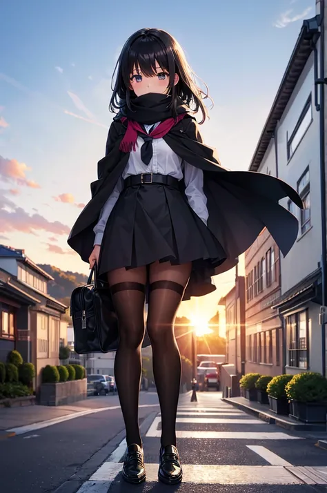 High image quality, high resolution, smooth gradation, vivid colors,  a scarf, a black cloak, a black student uniform, black stockings, black lace-up shoes, school bag, black hair, a high school girl, Early morning, late autumn, old town with hills, traffi...