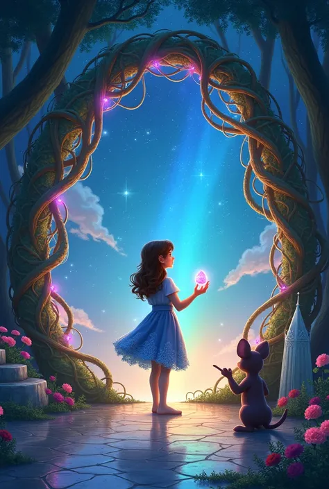 "  a Clara  , About s   ,    tied with wavy brown hair of shoulder length  ,    wearing a blue dress with small floral details   ,  " Clara stands before a magical portal in the shape of an arc made of intertwined vines,  shining with rainbow-colored light...