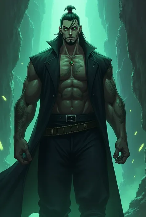 Toji, tall, muscular man, from jujutsu Kaisen with emerald green eyes, a scar on his face, and dark attire, jaw long hair, in Arcane (league of legends), little to no facial hair and tattoos