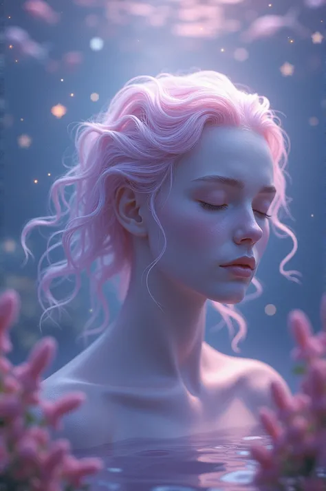  Generate an image of Pisces with a lilac background ,  showing a dreamy person in an aquatic environment, surrounded by fish and stars .