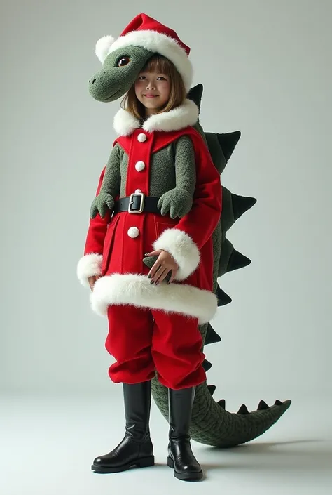 Im wearing a stuffed animal from the Japanese monster Godzilla,  Santas Clothes,   bob-cut hair ,( best quality, masterpiece,  RAW photos , super detailed:1.2),  long boots:1.5, Black Stockings , 1 girl,Alone, viewer,  smile,