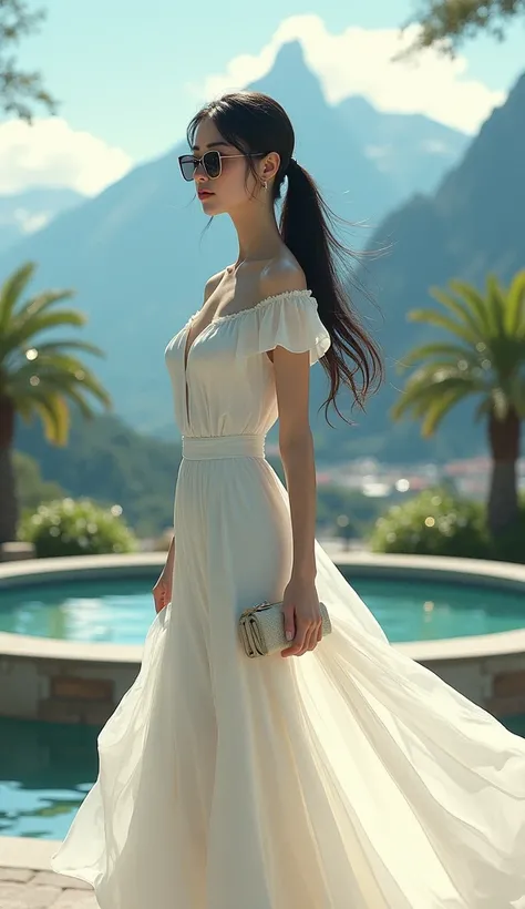 full body a woman with long black hair ,  hair tied ponytail wearing a white dress and holding a bag . wearing sunglasses.  hair lined up in the wind She is in front of a scenic view and mountains in the background.  There is also a fountain visible in the...