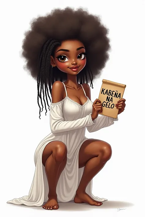 A dark-skinned woman, she has both hands raised, one is holding a vagina-shaped sleeve, in the other hand, she is holding a sign with the text that says: "KABEÇA NA GELO", ((afro hair style falling forward, Rasta type, but braided,)), ((perfect body style ...