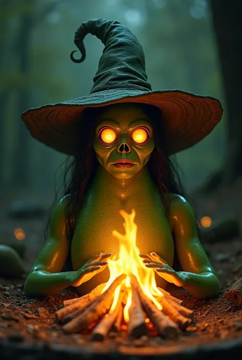 An avocado woman wearing a witchs hat,  eyes and mouth being burned in a bonfire in .600