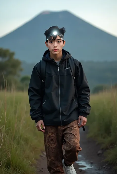 Real human. Photo, bodynfacung forward, Aziz is Indonesian young man, short straight black hair, white skin, black expressive eyes, medium body, wearing zipped up  black jacket, brown batik motive  pant, white shoes, lighting head lamp on his head, carryin...