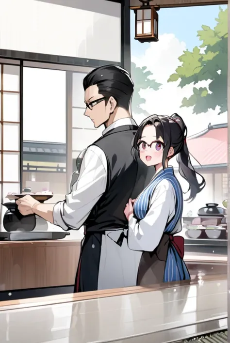  black hair、 ponytail、Glasses、Taisho Romance、Japanese teahouses、Waiter