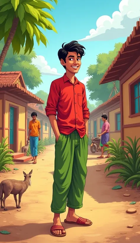   A cartoon  indian middle- village one young   men in a green pent and  red shart  cub,  medium size black  hair wearing , Wooden sliper
