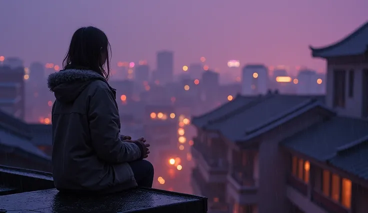 A serene cityscape at night, viewed from above, capturing the rooftops of traditional and modern buildings under soft rain. In the foreground, a young woman sits peacefully on the edge of a rooftop, gazing at the distant horizon. She is wearing a cozy jack...