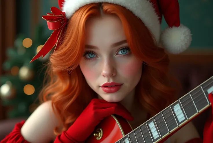  Photorealistic lips of a beautiful 19-year-old woman with big breasts , with big blue eyes and voluptuous lips and ,  blushed pink ,  red hair who wears a pompous Christmas hat and a red ribbon and wears red gloves, silk and pompous ,  she is sitting and ...