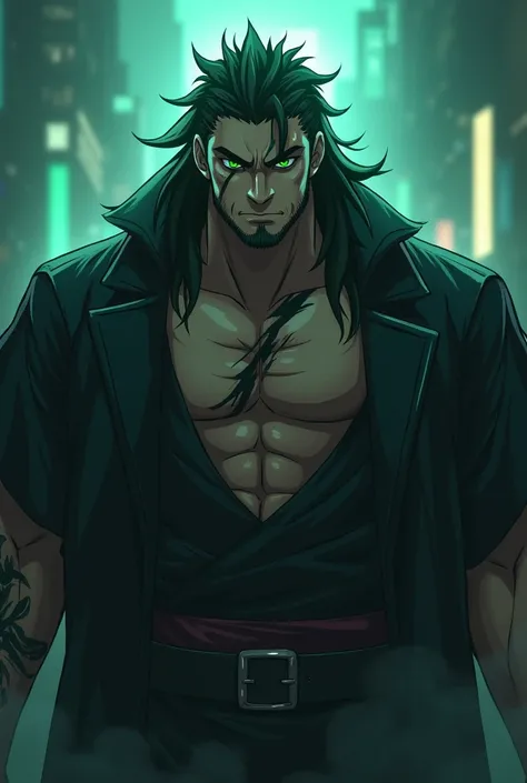 Toji, tall, muscular man, from jujutsu Kaisen with emerald green eyes, a scar on his face, and dark attire, jaw long hair, in Arcane (league of legends), little to no facial hair and tattoos