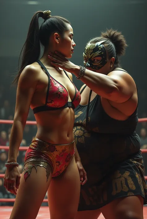 ［1st Japanese Female Pro Wrestler 、 world champion 、 slender 、 sexy leotards that expand your legs、The bamboo sword held by the 2nd wrestler can be pressed against his neck from behind］、［2nd villain female professional wrestler、 fat、Masked、 holds a bamboo ...