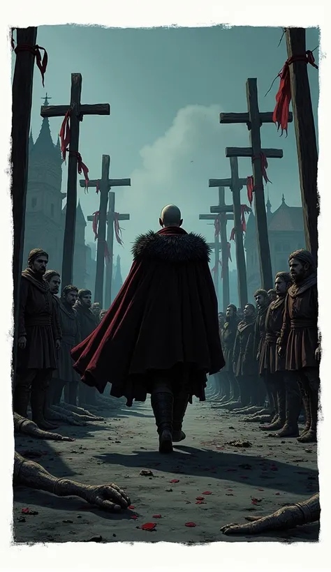 Storyboard, Comic book panel layout with white border, Multi view, Immersive, Go Pro, Action pose, Panel 5 A close-up of Vlad walking among the impaled, his cape fluttering in the wind and his gaze fixed on the horizon. In the background, the peasants watc...