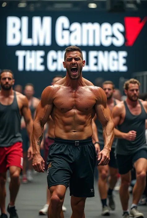 A full-body bottom photo of people at a Crossfit competition with the phrase written in the background BLM Games the challenge 