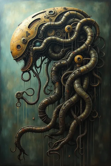 h. g giger . Un tableau de monsieur h.G GIGER .   An airbrush canvas .  Representing bio-mechanical elements.  This represents pipes .