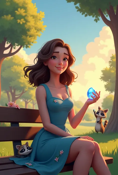 " a call Clara , of about s,  with wavy brown hair at shoulder height ,  wearing a blue dress with small floral details ,  is standing in a sunny park . " Clara is back at the park where her adventure began ,  sitting on a bench with a luminous stone in he...