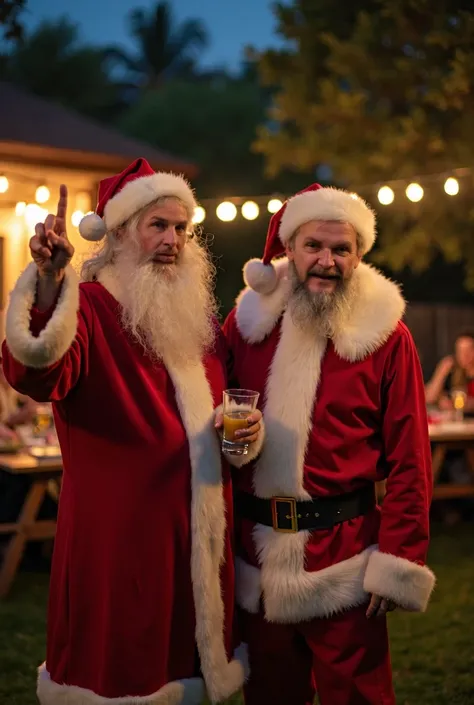 Its Christmas night . Aloísio Magalhães ,  toasts with his friend Santa Claus . They are both smiling . Aloísio Magalhães  veste uma roupa social. With one hand he makes a peace sign, Showing 2 fingers. In the background, the backyard of a house ,  with tr...