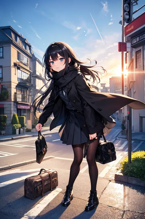 High image quality, high resolution, smooth gradation, vivid colors,  a scarf, a black cloak, a black student uniform, black stockings, black lace-up shoes, school bag, black hair, a high school girl, Early morning, late autumn, old town with hills, traffi...