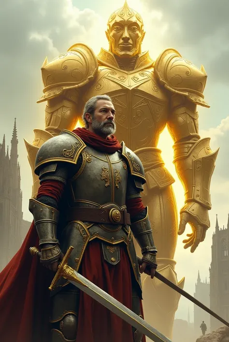 Old European swordsman , with a 20 ft tall  gold semitransparent gothic paladin golem  as a bodyguard 