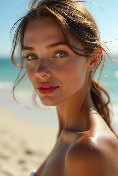  A beautiful young woman , capelli biondi pettinati, big green eyes , Pale skin,  naturally calm face ,  lips with red lipstick, tette grandi che cammina nuda sulla spiaggia.