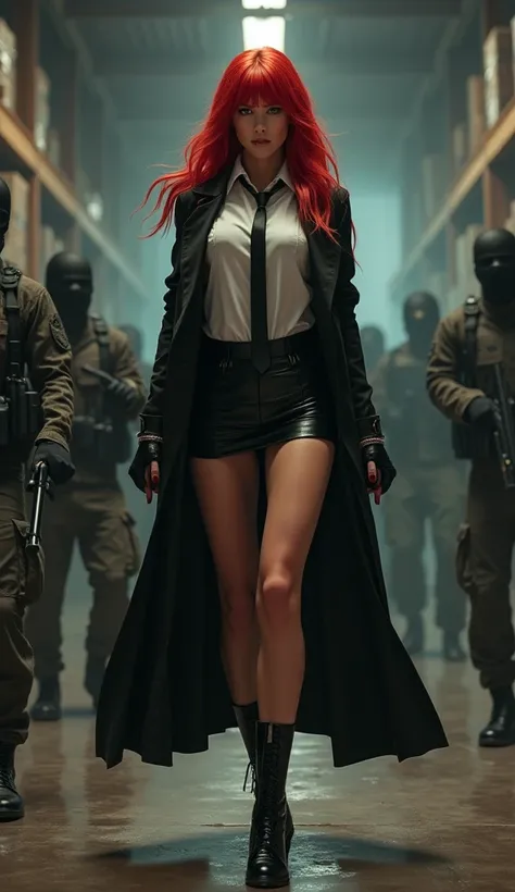 A digital art of a seductive looking FBI agent woman with red hair and red eyes is wearing a black mini-skirt with white shirt and black trenchcoat paired with ultrahigh pole heels is being held captive by terrorists, full body, shes being held captive by ...